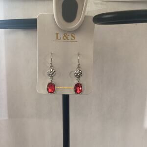 4285 NIP L&S Dainty Garnett Ruby Birthstone Earrings Silvertone Fish Hook Charm